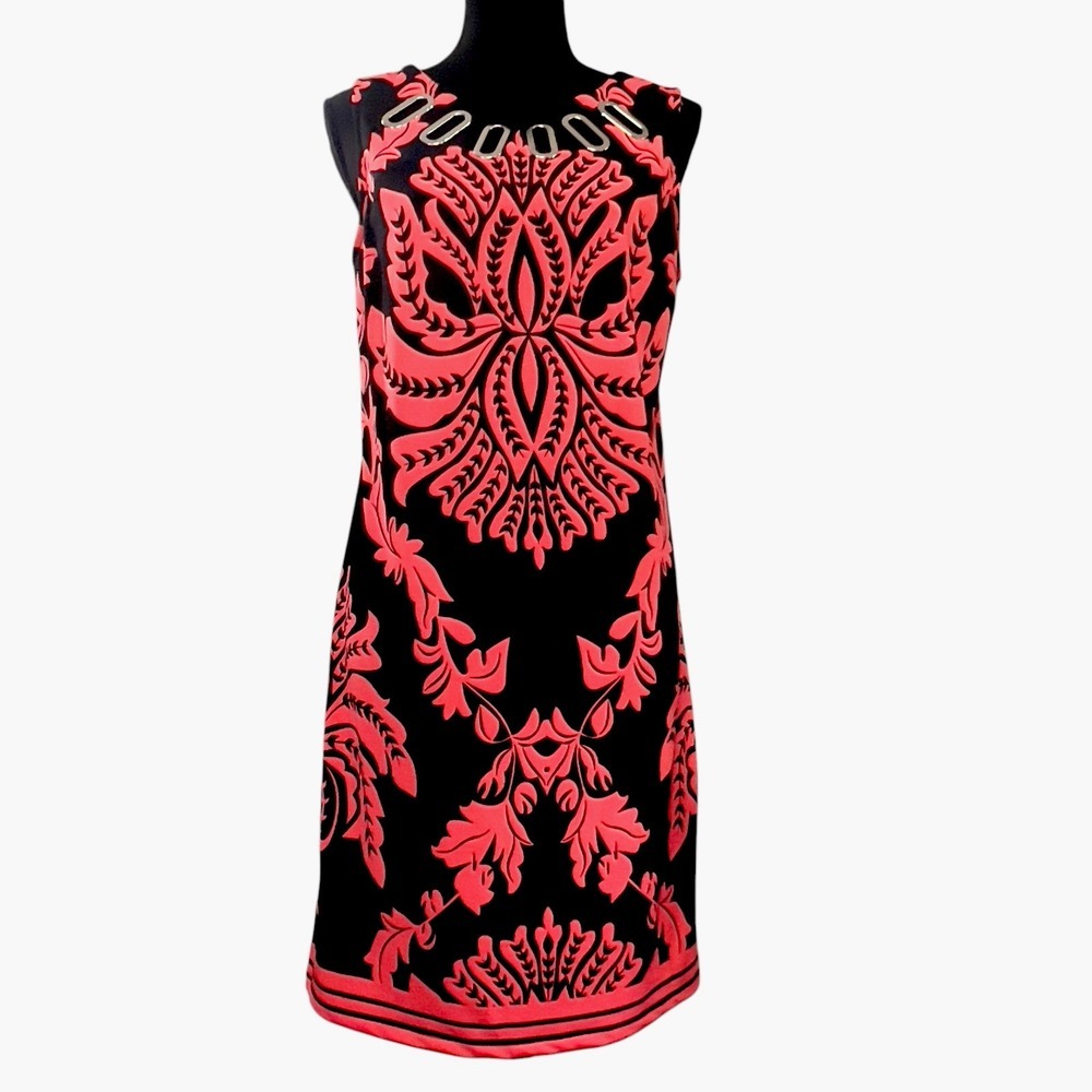Haani Black Coral Floral Botanical Silver Grommet Sleeveless Dress Size Small